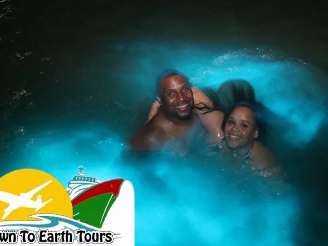 A couple swimming in the Luminous Lagoon in Jamaica at night.
